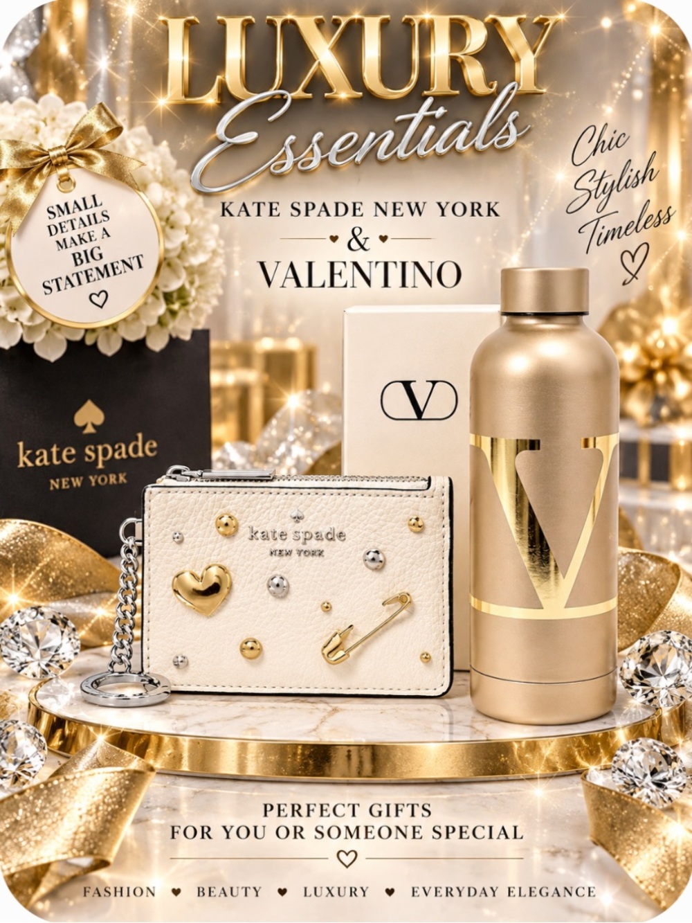 Bundle of Valentino Water Bottle & Kate Spade Charmed Key Ring Card Holder NWT